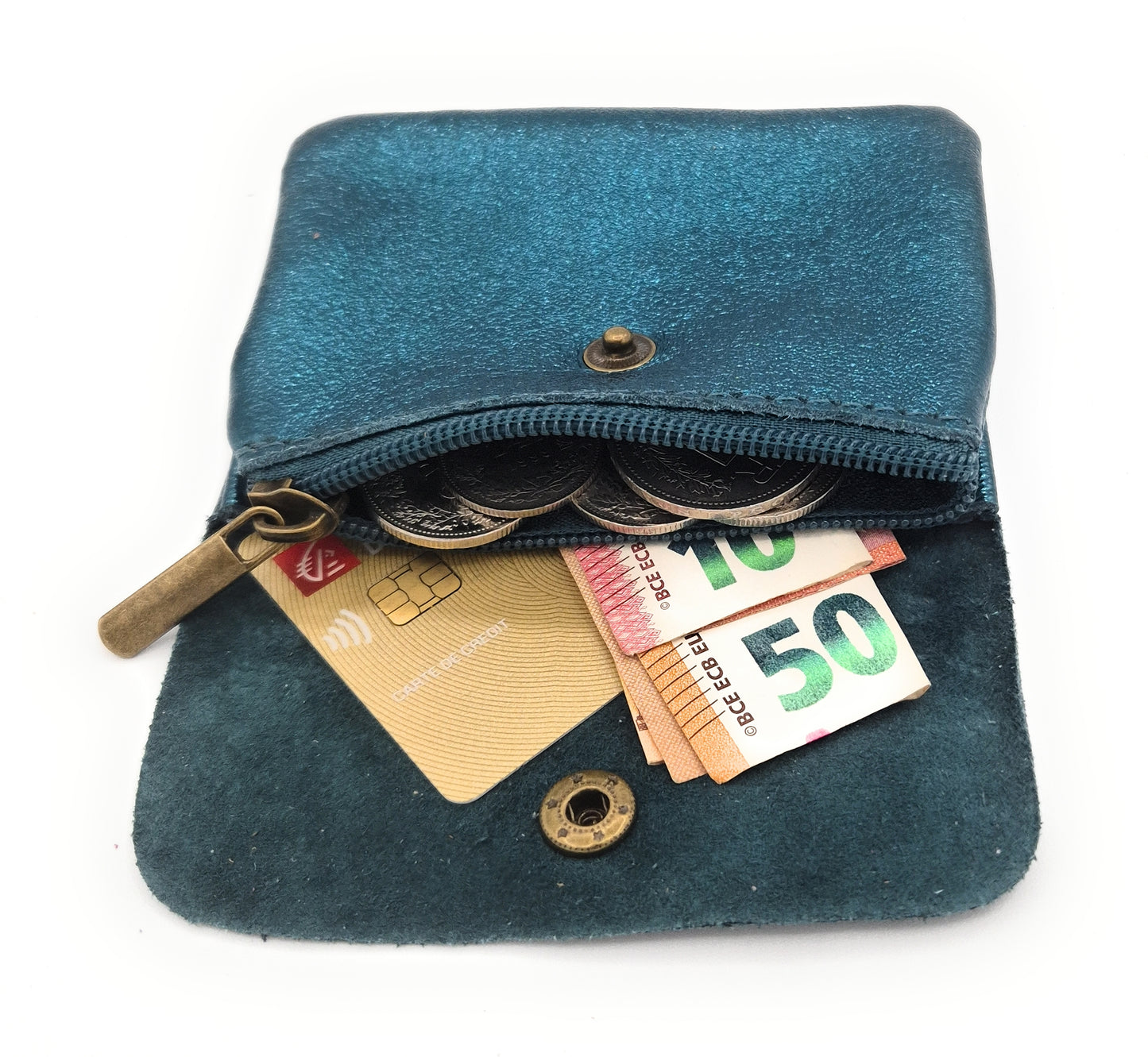 Porte-monnaie Aponi en cuir irisé italien ~ Bleu canard