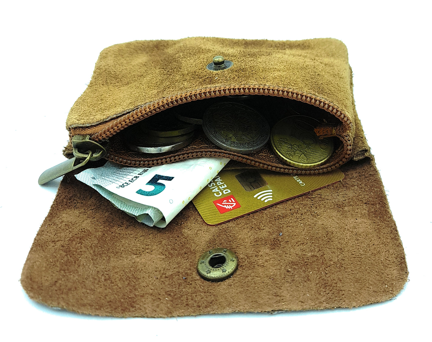Aponi suede leather / iridescent coin purse ~ Bronze / Camel