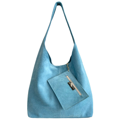 Sac cabas hobo cuir suédé Lulu ~ Bleu ciel