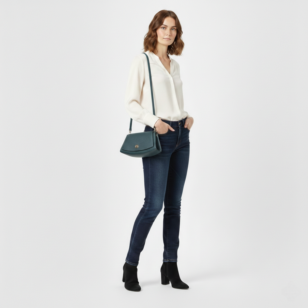 Sac à bandoulière demi-lune en cuir Paco ~ Bleu canard