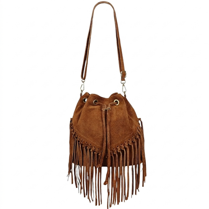 Sac bourse à franges Mahala en cuir suédé ~ Marron noisette