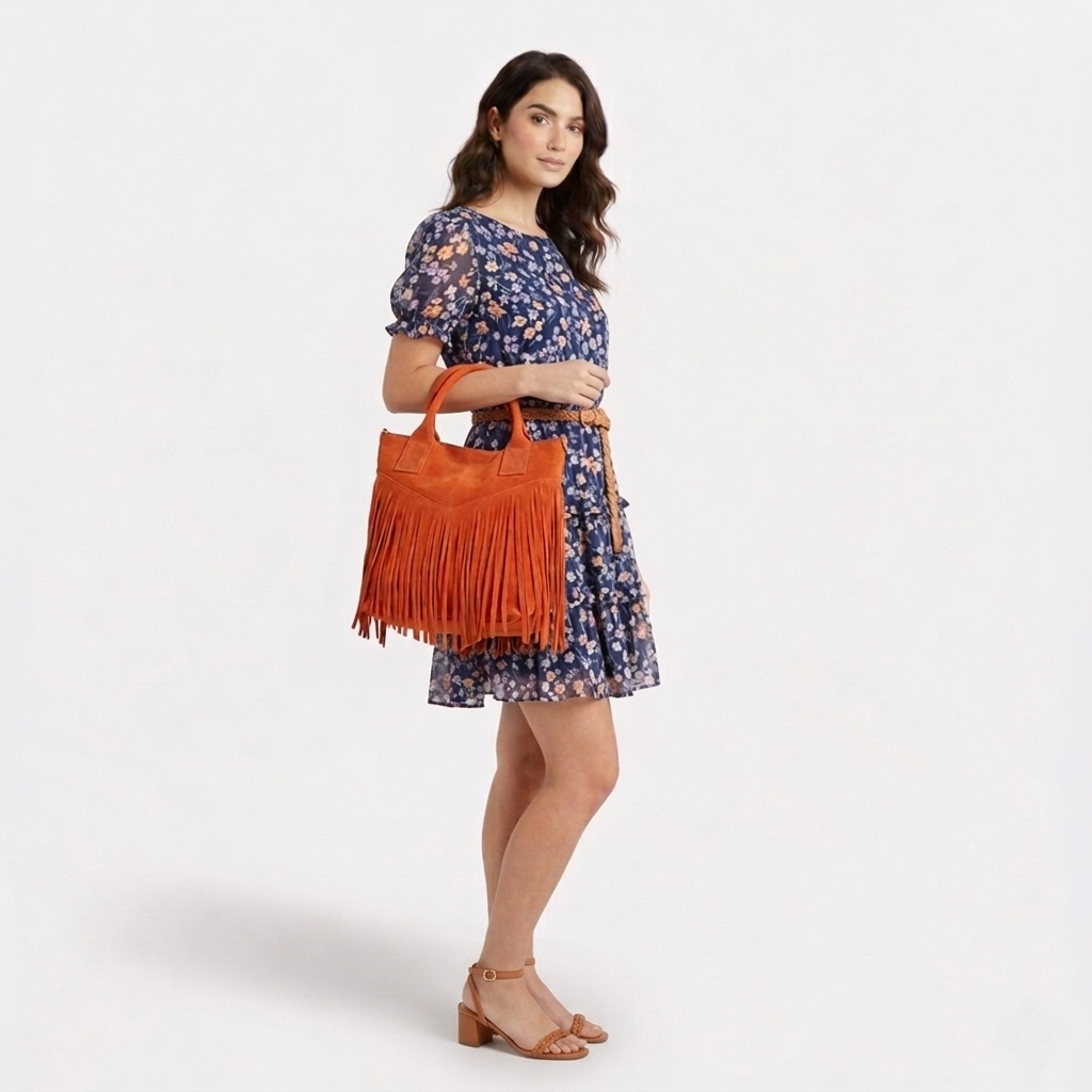 Sac shopper Naya en cuir suédé à franges ~ Orange