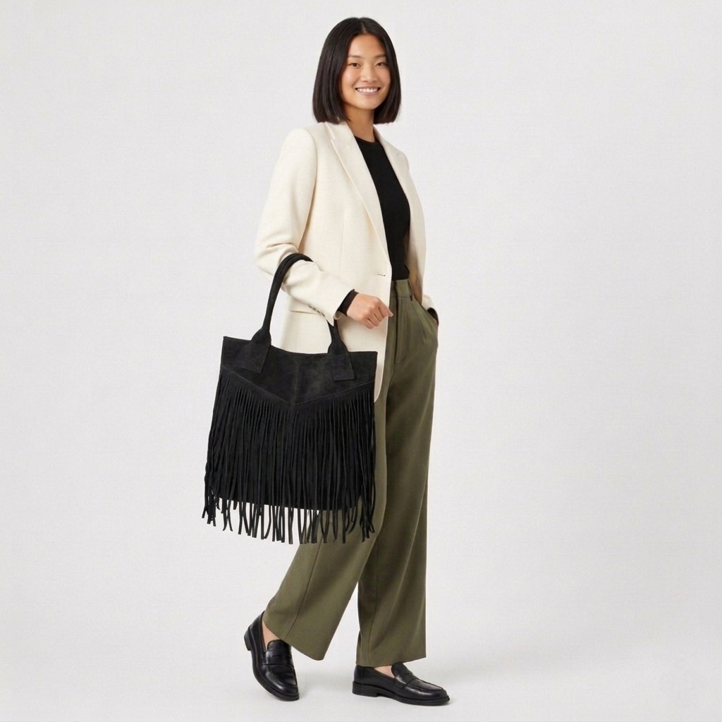 Sac shopper Naya en cuir suédé à franges ~ Noir