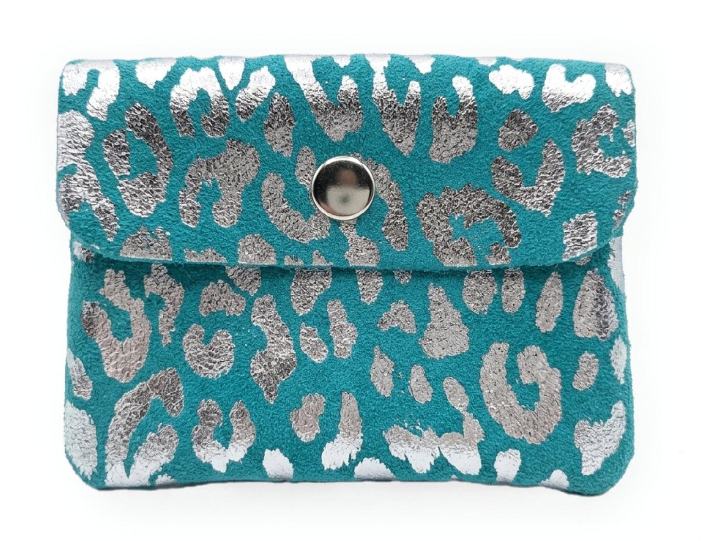 Porte-monnaie Aponi léopard en cuir suédé italien ~ Turquoise / Argenté