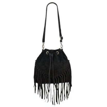 Sac bourse à franges Mahala en cuir suédé ~ Noir