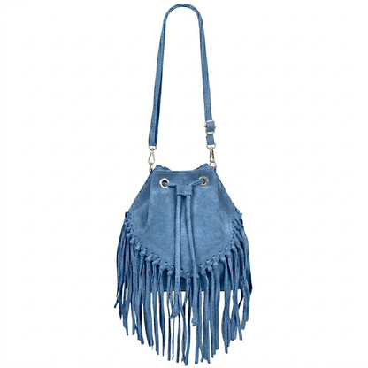 Sac bourse à franges Mahala en cuir suédé ~ Bleu ciel