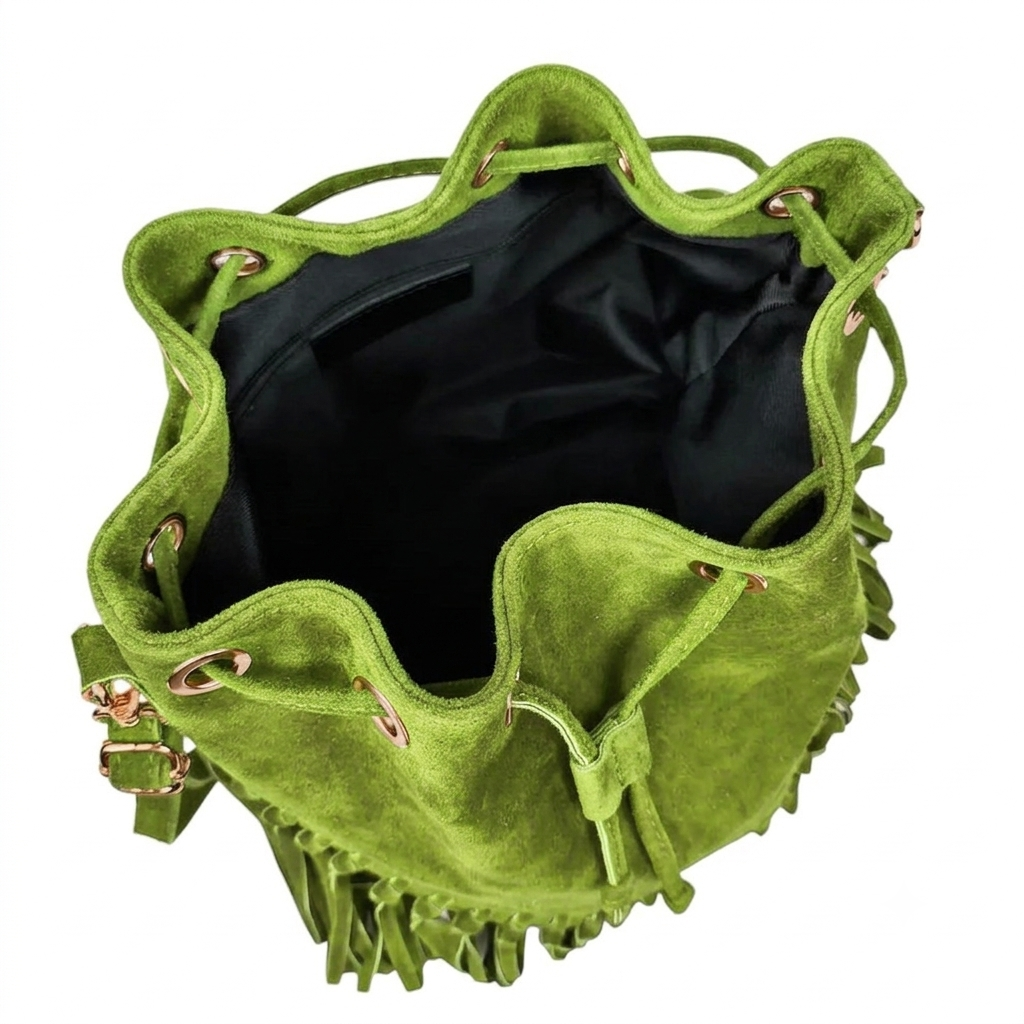 Sac bourse à franges Mahala en cuir suédé ~ Vert kiwi