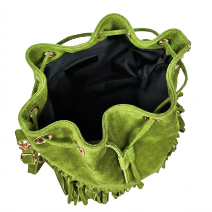 Sac bourse à franges Mahala en cuir suédé ~ Vert kiwi