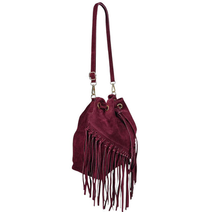 Sac bourse à franges Mahala en cuir suédé ~ Bordeaux