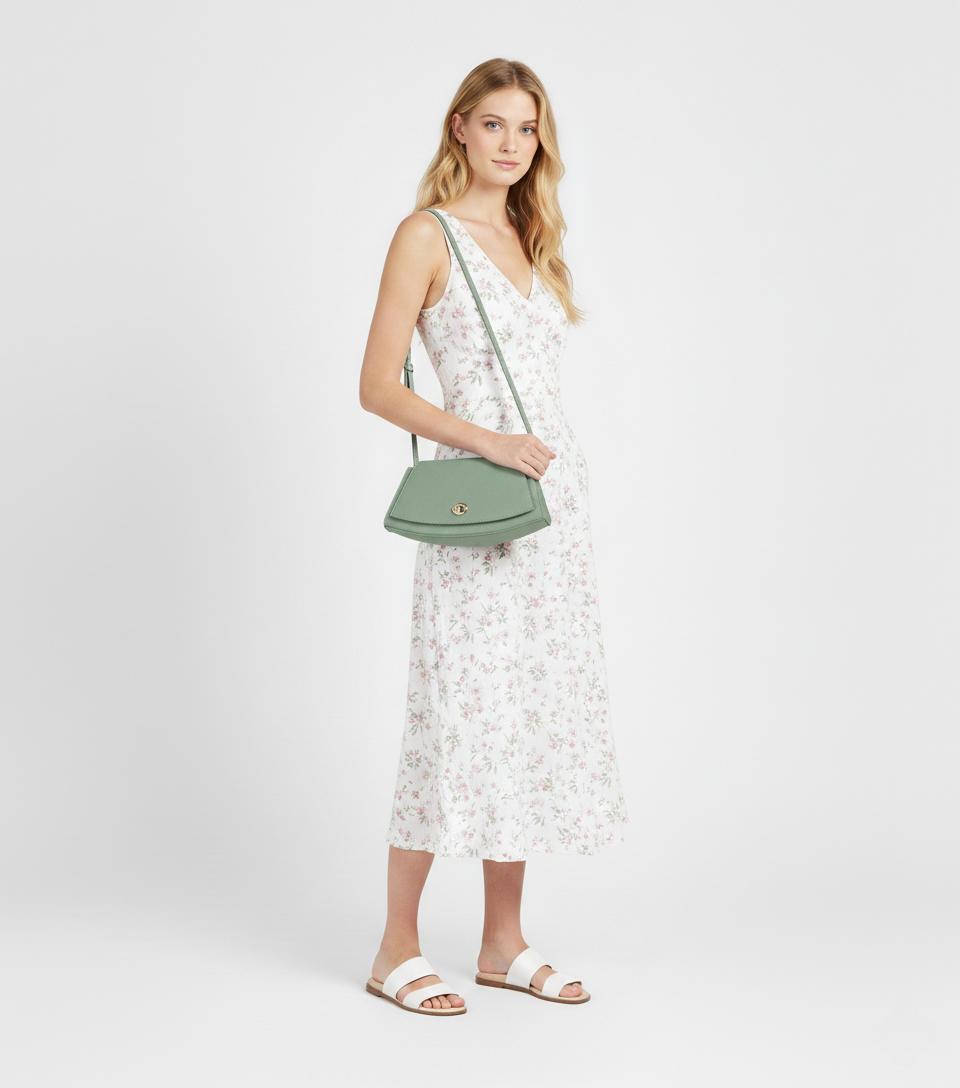 Sac à bandoulière demi-lune en cuir Paco ~ Vert amande