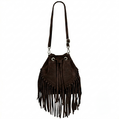 Sac bourse à franges Mahala en cuir suédé ~ Café