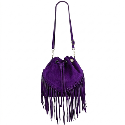 Sac bourse à franges Mahala en cuir suédé ~ Violet