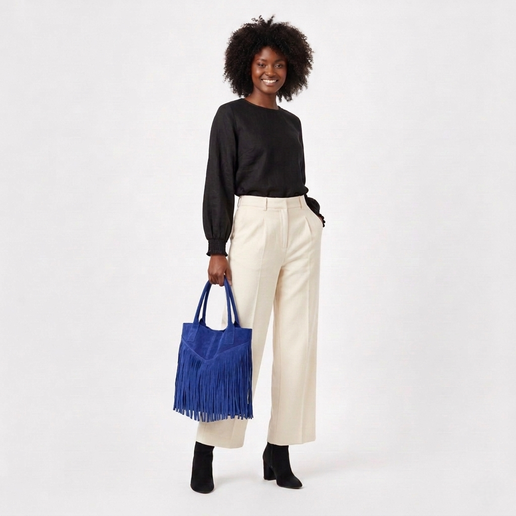 Sac shopper Naya en cuir suédé à franges ~ Bleu royale