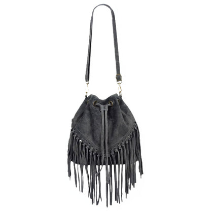 Sac bourse à franges Mahala en cuir suédé ~ Gris foncé