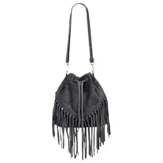 Sac bourse à franges Mahala en cuir suédé ~ Gris foncé