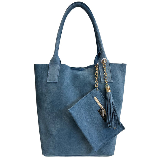 Sac shopper Aiyana en cuir suédé ~ Bleu jean