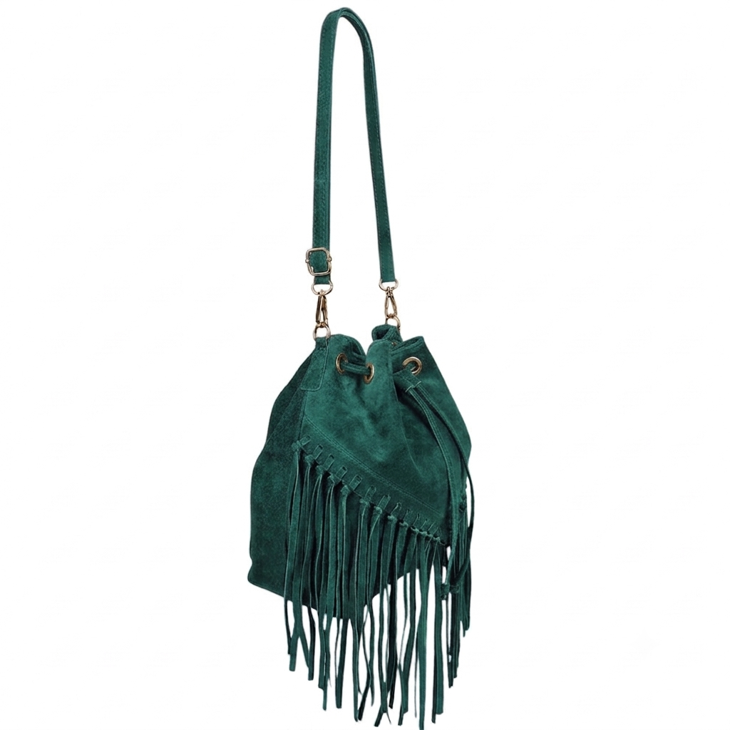 Sac bourse à franges Mahala en cuir suédé ~ Vert pétrole