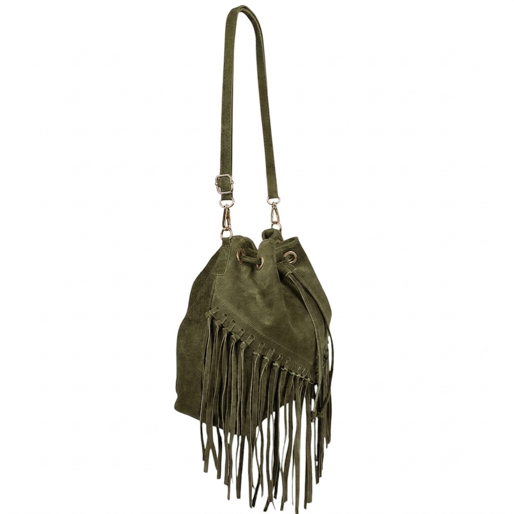 Sac bourse à franges Mahala en cuir suédé ~ Kaki
