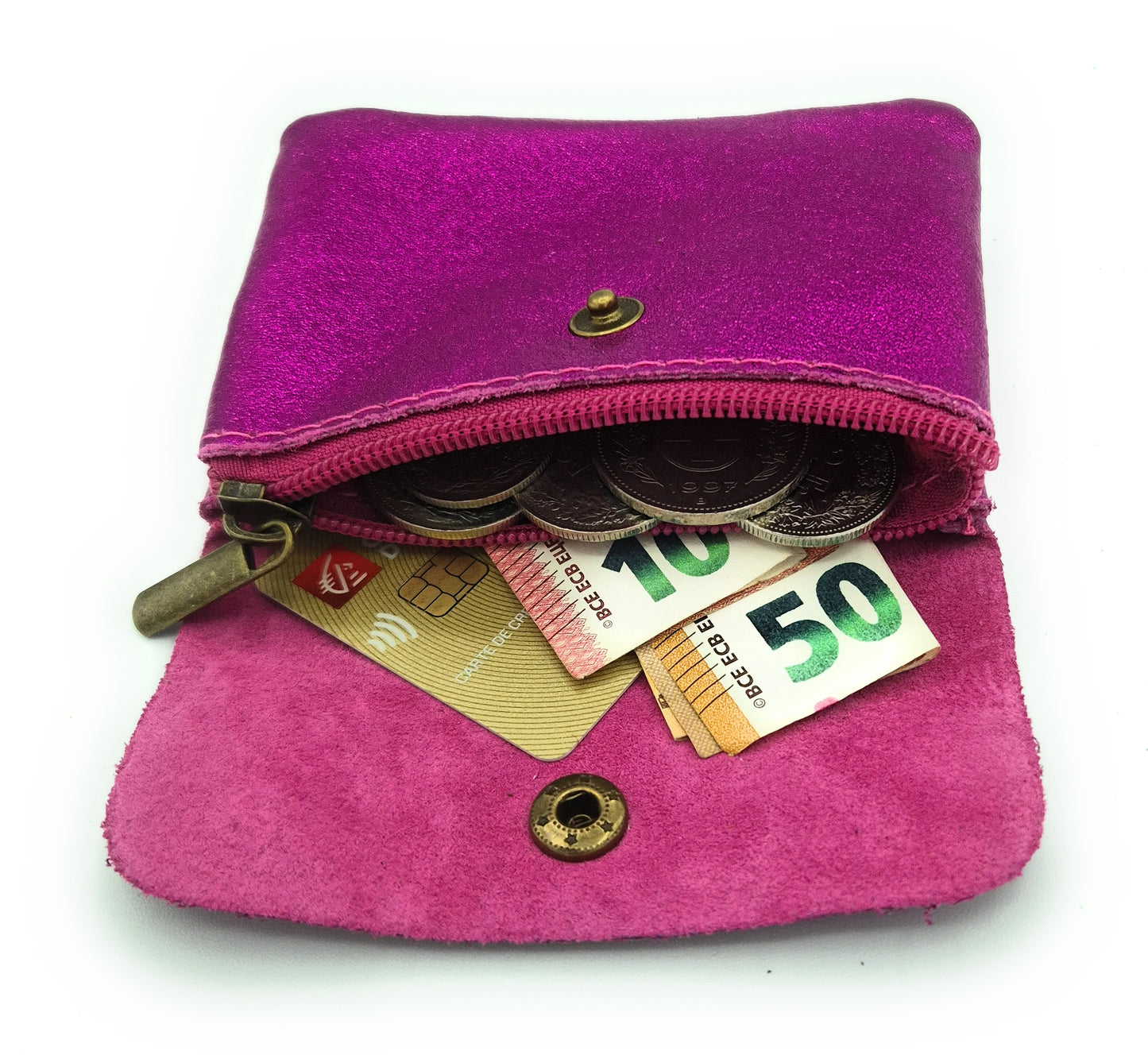 Porte-monnaie Aponi cuir irisé italien ~ Fuchsia