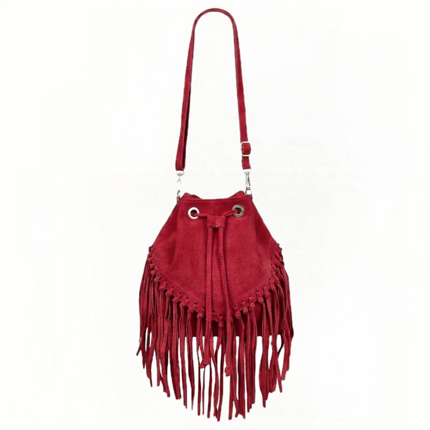 Sac bourse à franges Mahala en cuir suédé ~ Rouge