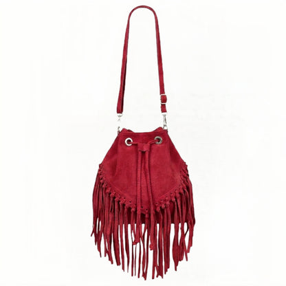 Sac bourse à franges Mahala en cuir suédé ~ Rouge