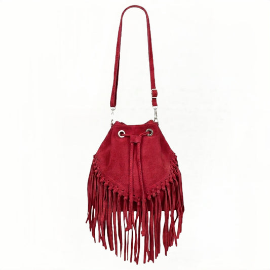 Sac bourse à franges Mahala en cuir suédé ~ Rouge