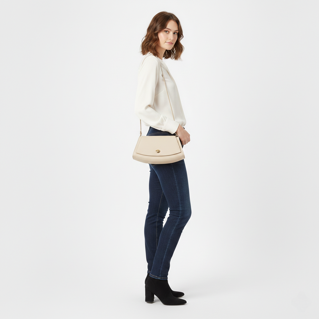 Sac à bandoulière demi-lune en cuir Paco ~ Beige