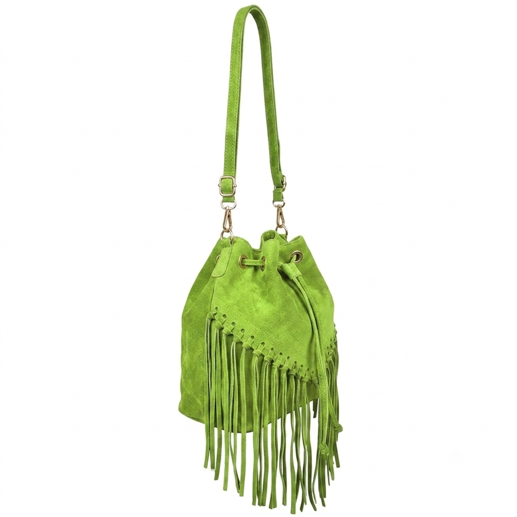 Sac bourse à franges Mahala en cuir suédé ~ Vert kiwi